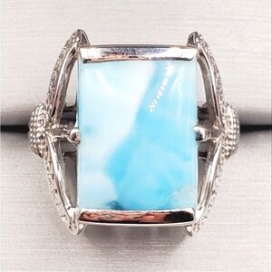 925 Sterling Silver Genuine Rectangle Blue Larimar Statement Ring